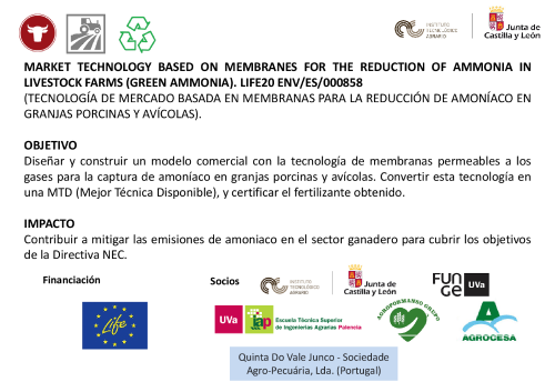 MARKET TECHNOLOGY BASED ON MEMBRANES FOR THE REDUCTION OF AMMONIA IN LIVESTOCK FARMS (GREEN AMMONIA).  (TECNOLOGÍA DE MERCADO BASADA EN MEMBRANAS PARA LA REDUCCIÓN DE AMONÍACO EN GRANJAS PORCINAS Y AVÍCOLAS). LIFE20 ENV/ES/000858